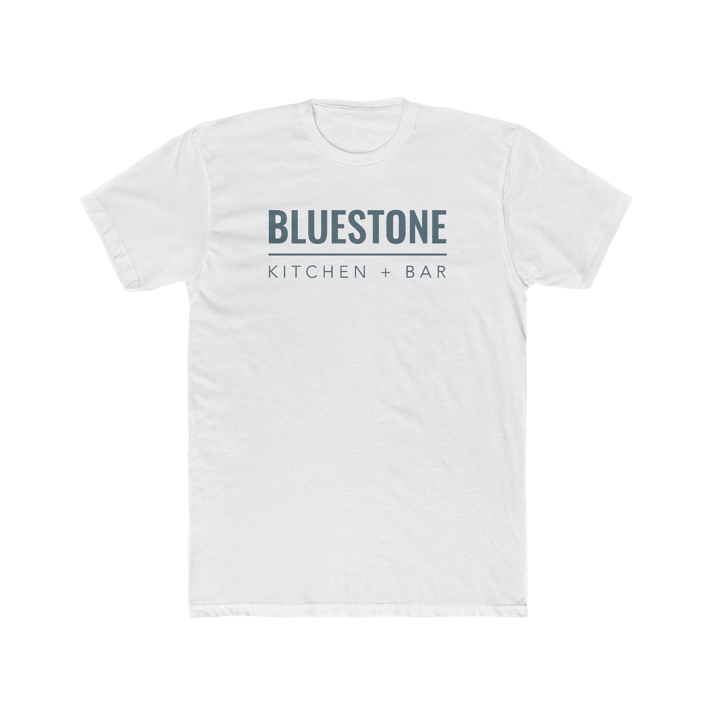 White premium cotton crew neck t-shirt featuring a Bluestone Kitchen + Bar logo graphic on the chest.
