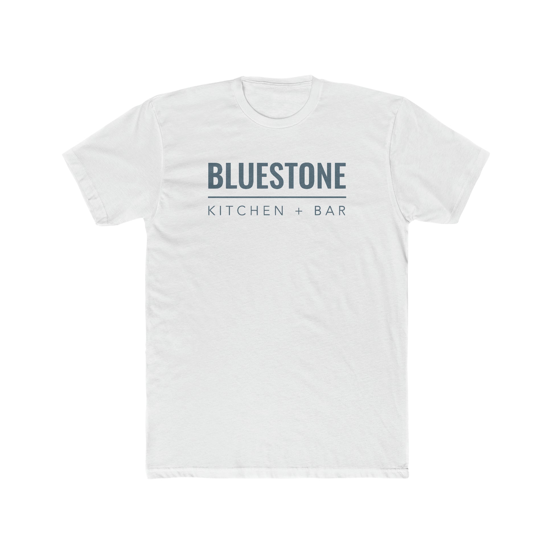 White premium cotton crew neck t-shirt featuring a Bluestone Kitchen + Bar logo graphic on the chest.