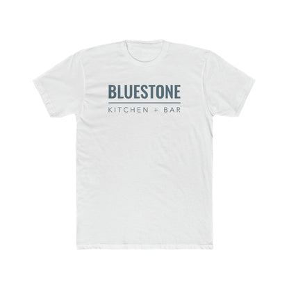 White premium cotton crew neck t-shirt featuring a Bluestone Kitchen + Bar logo graphic on the chest.