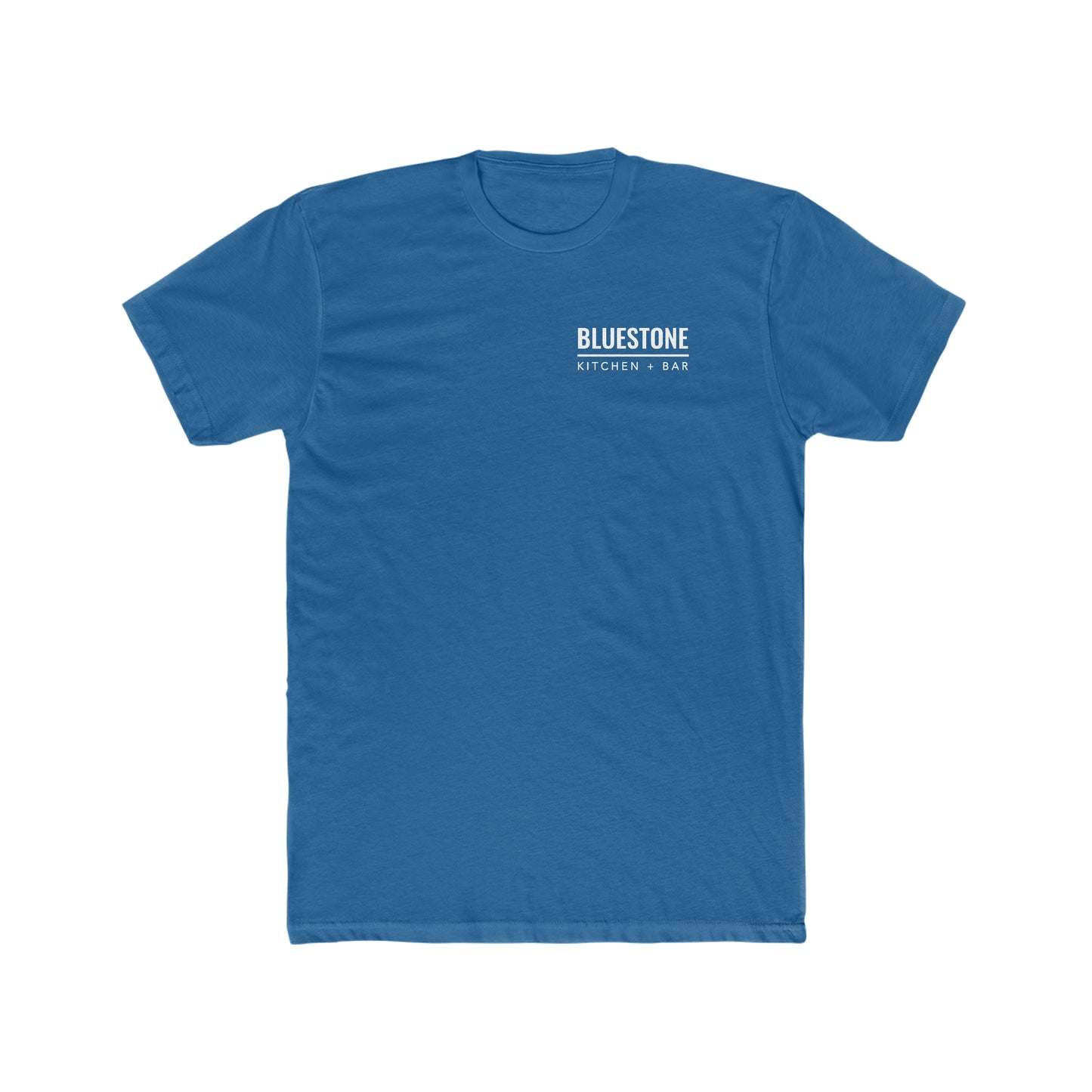 Bluestone men's blue cotton crew neck t-shirt with white logo print on the chest.