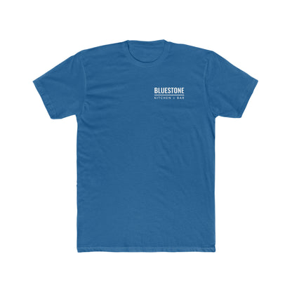 Bluestone men's blue cotton crew neck t-shirt with white logo print on the chest.