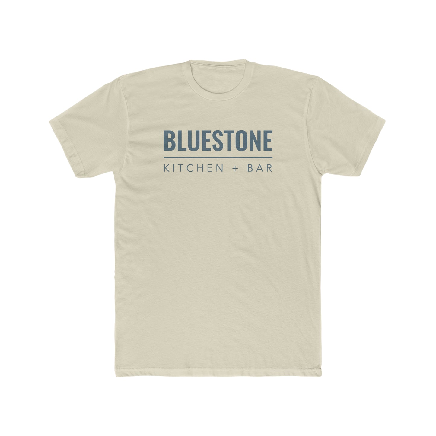 Light beige crew neck t-shirt in premium cotton with Bluestone Kitchen + Bar navy blue graphic print.