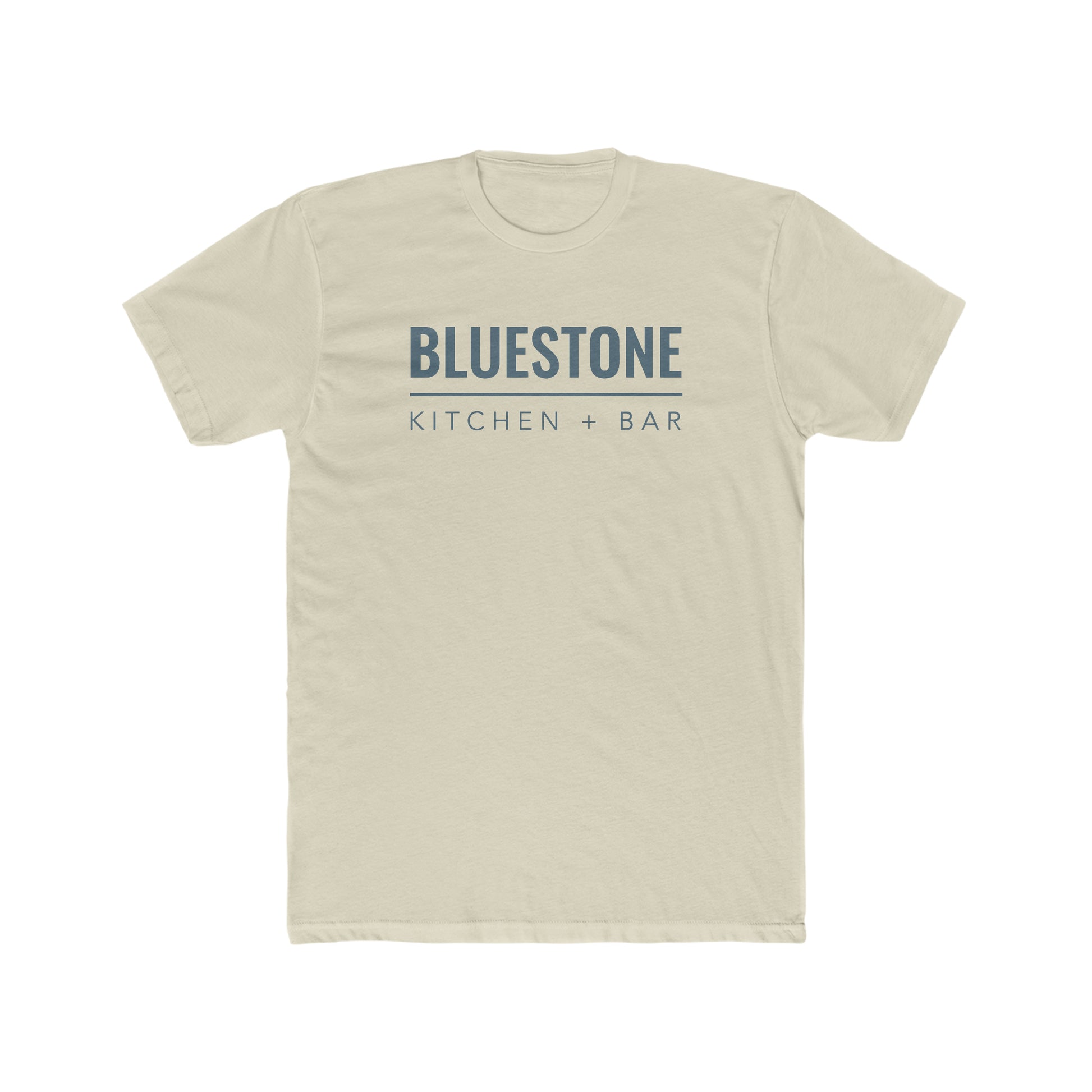 Light beige crew neck t-shirt in premium cotton with Bluestone Kitchen + Bar navy blue graphic print.