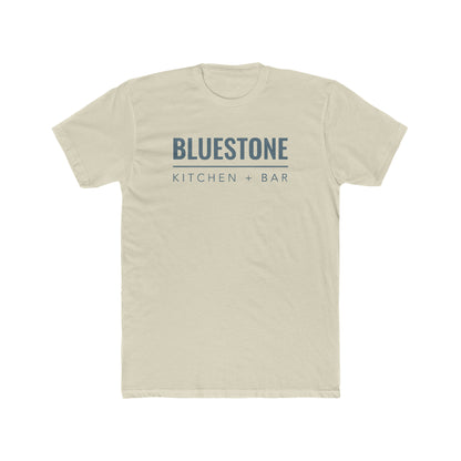 Light beige crew neck t-shirt in premium cotton with Bluestone Kitchen + Bar navy blue graphic print.