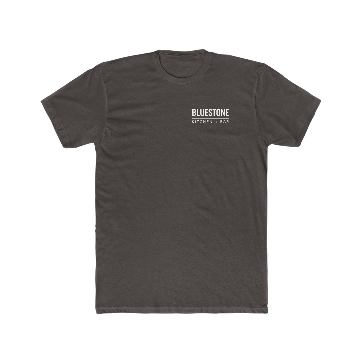 Charcoal grey premium cotton crew neck t-shirt with a white Bluestone Kitchen + Bar logo on the left chest.