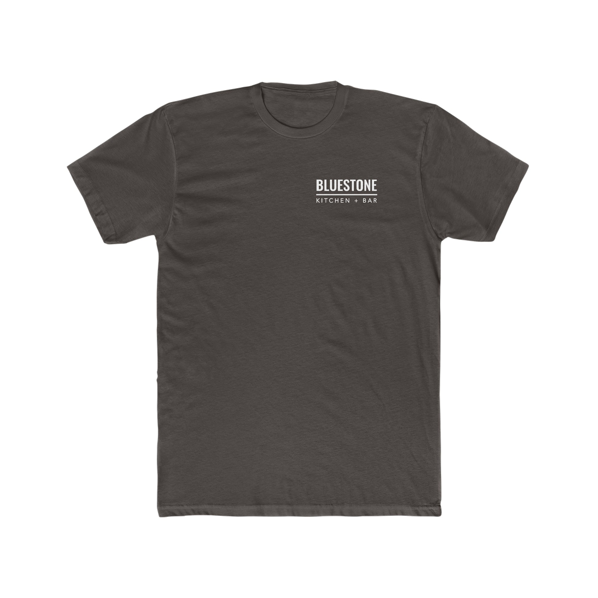 Charcoal grey premium cotton crew neck t-shirt with a white Bluestone Kitchen + Bar logo on the left chest.