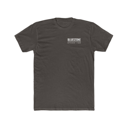 Charcoal grey premium cotton crew neck t-shirt with a white Bluestone Kitchen + Bar logo on the left chest.