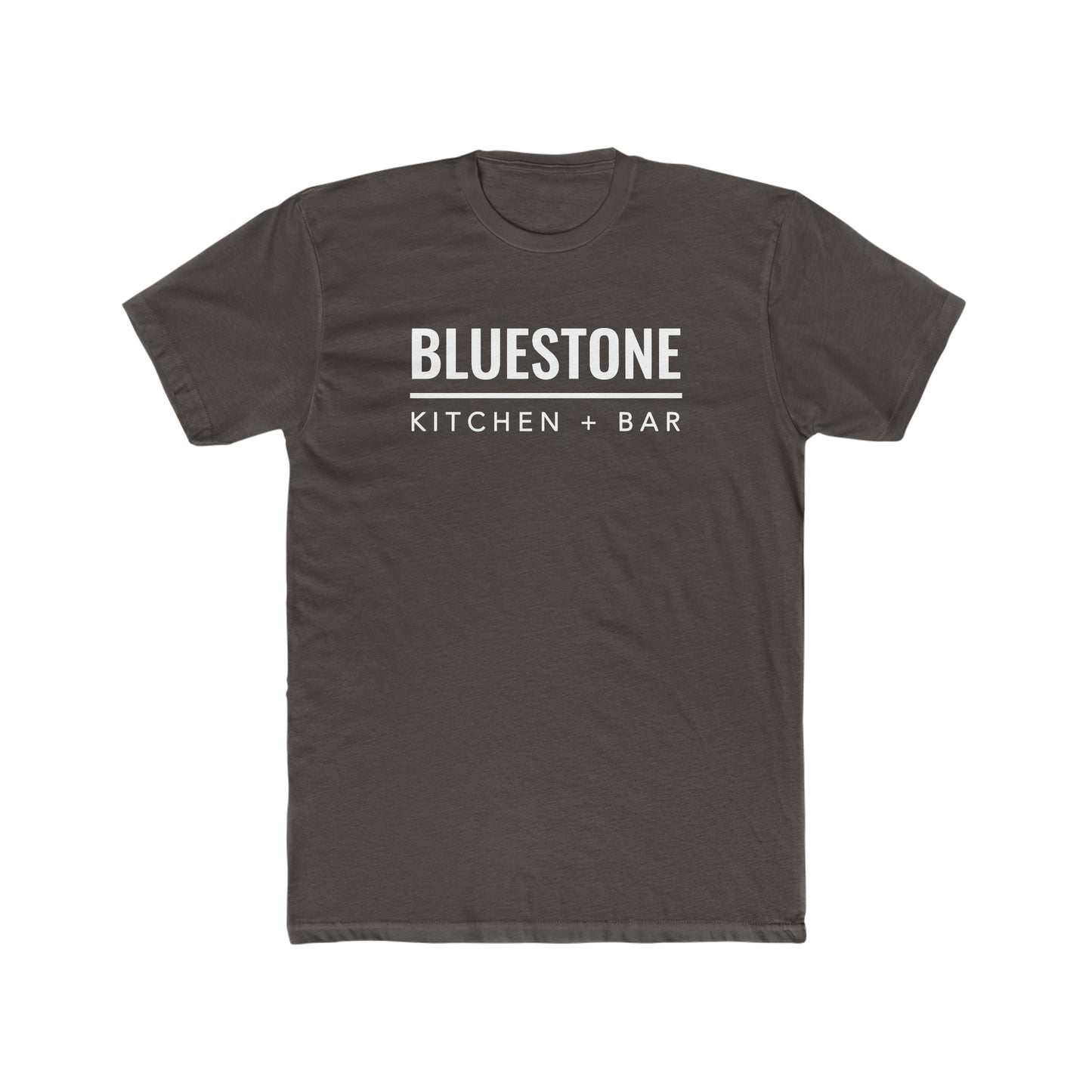 Dark gray premium cotton crew neck t-shirt featuring white Bluestone Kitchen + Bar text graphic.
