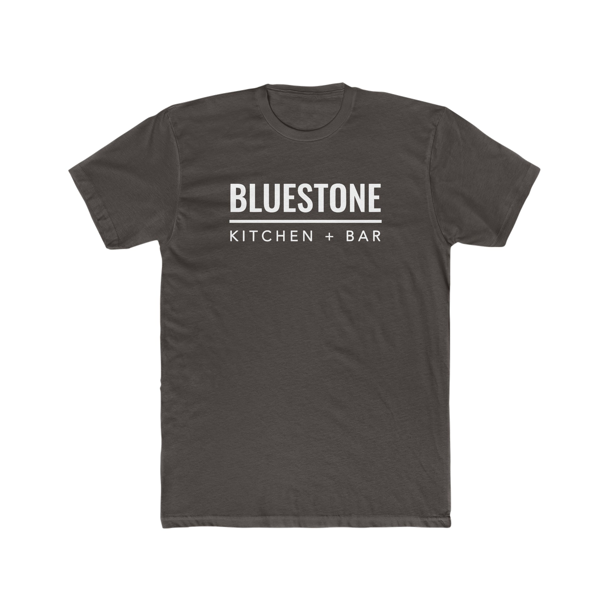 Dark gray premium cotton crew neck t-shirt featuring white Bluestone Kitchen + Bar text graphic.