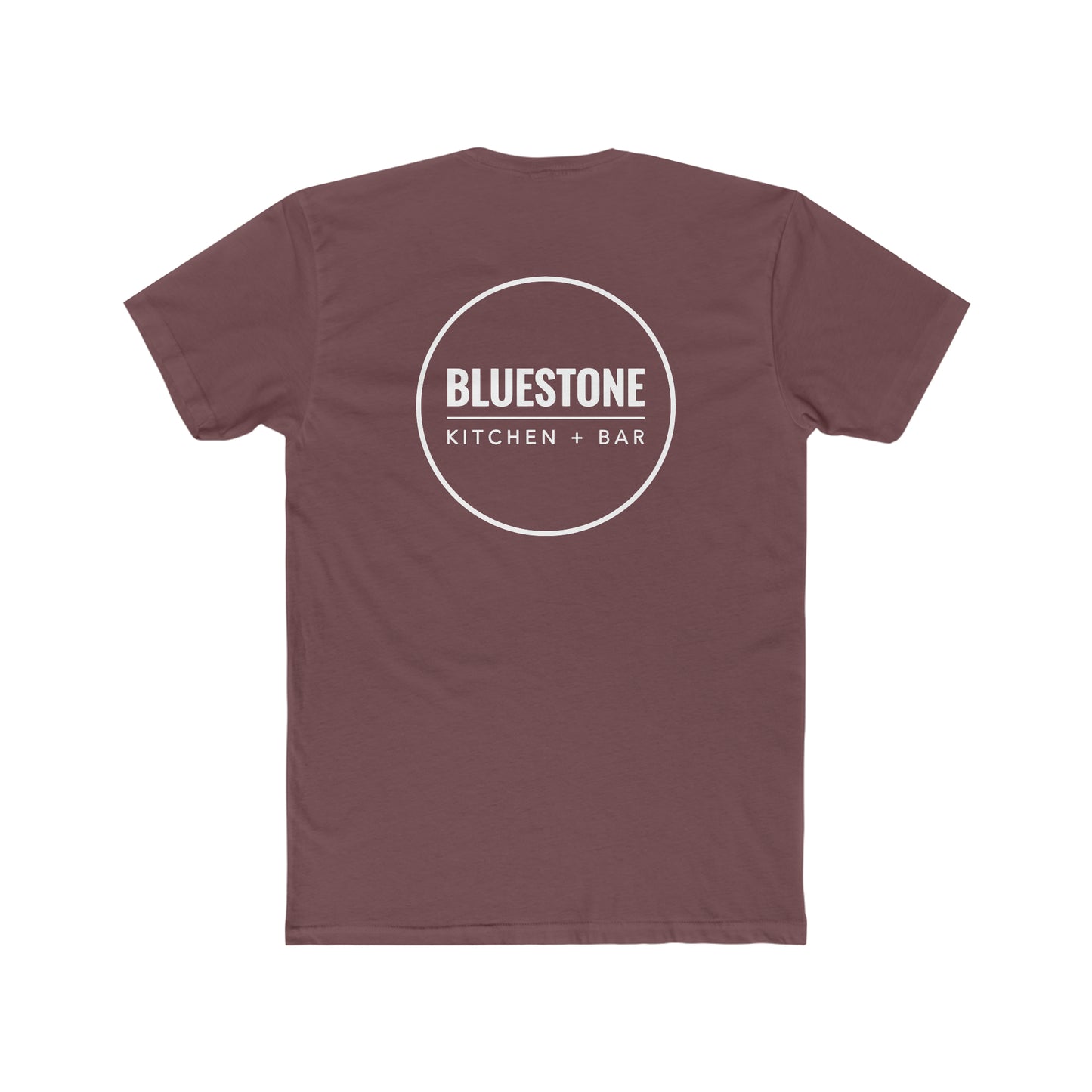 Back view of a maroon Bluestone Kitchen + Bar crew neck cotton tee with a white circular logo graphic.