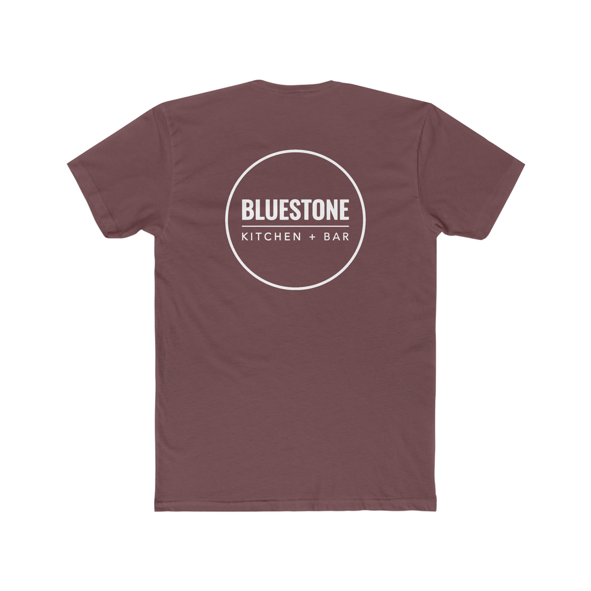 Back view of a maroon Bluestone Kitchen + Bar crew neck cotton tee with a white circular logo graphic.