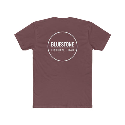 Back view of a maroon Bluestone Kitchen + Bar crew neck cotton tee with a white circular logo graphic.