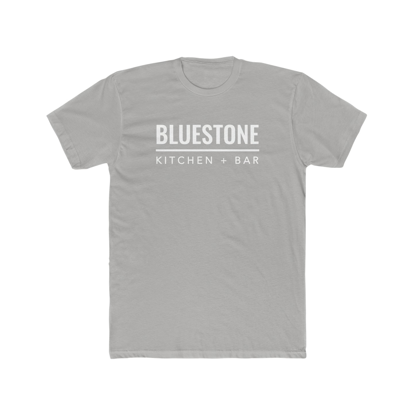 Light gray premium cotton crew neck t-shirt featuring white Bluestone Kitchen + Bar text graphic.