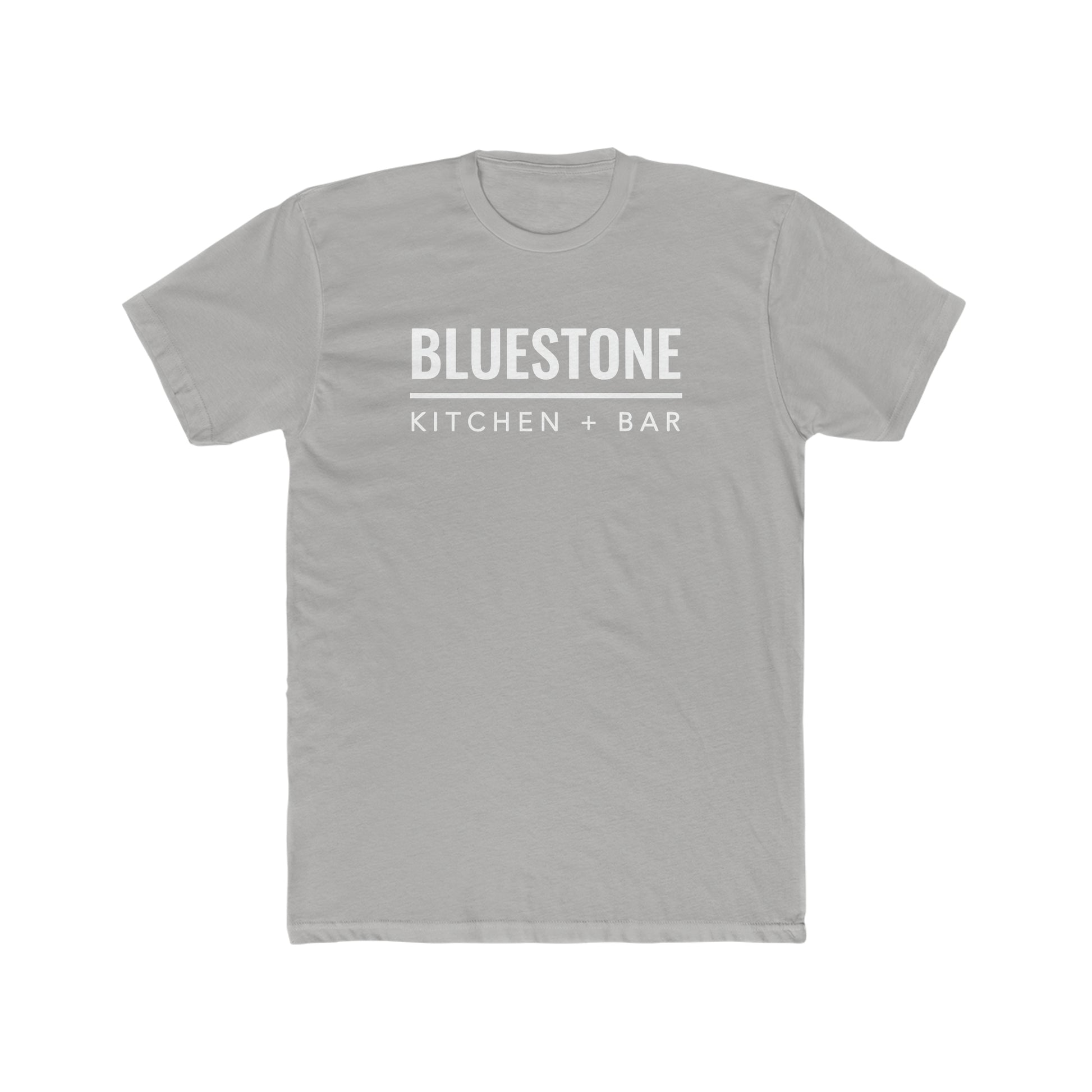 Light gray premium cotton crew neck t-shirt featuring white Bluestone Kitchen + Bar text graphic.