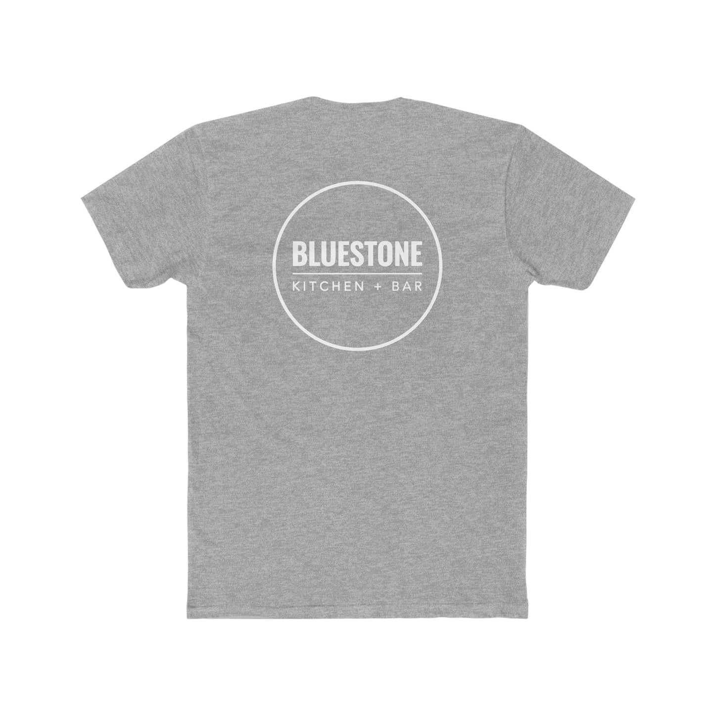 Grey premium cotton crew neck t-shirt featuring a white Bluestone Kitchen + Bar circular logo on the back.