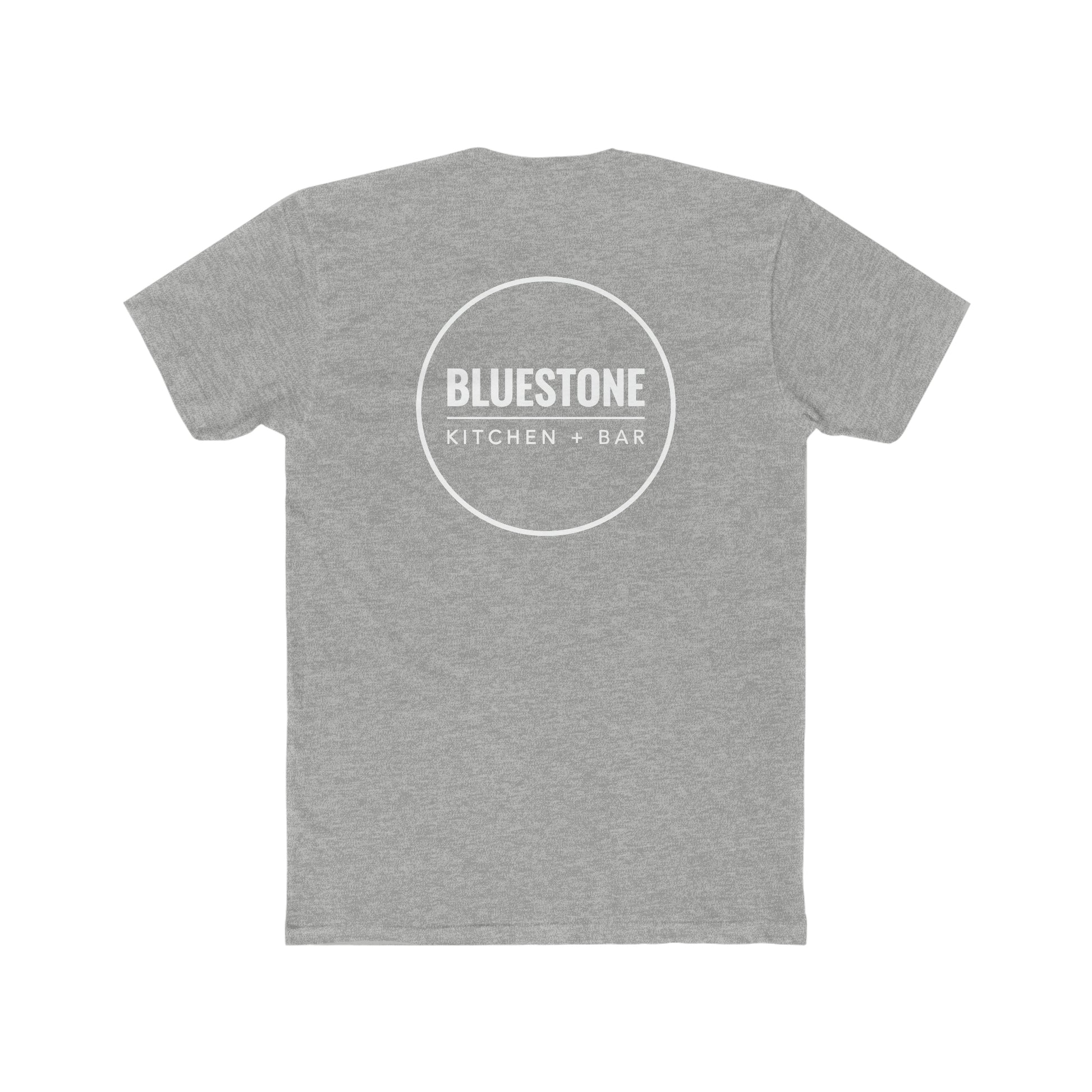 Grey premium cotton crew neck t-shirt featuring a white Bluestone Kitchen + Bar circular logo on the back.