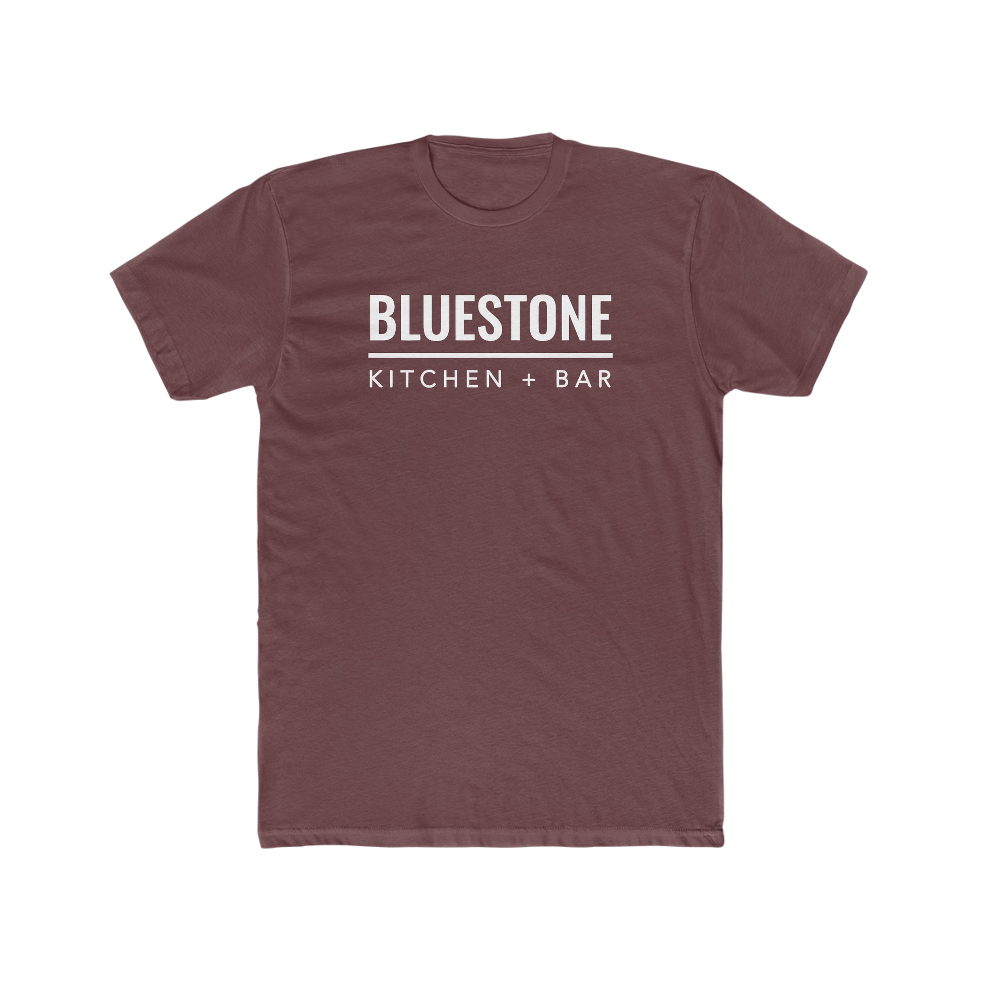 Maroon crew neck t-shirt in soft cotton featuring white Bluestone Kitchen + Bar text graphic on the chest.