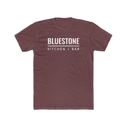 Maroon crew neck t-shirt in soft cotton featuring white Bluestone Kitchen + Bar text graphic on the chest.