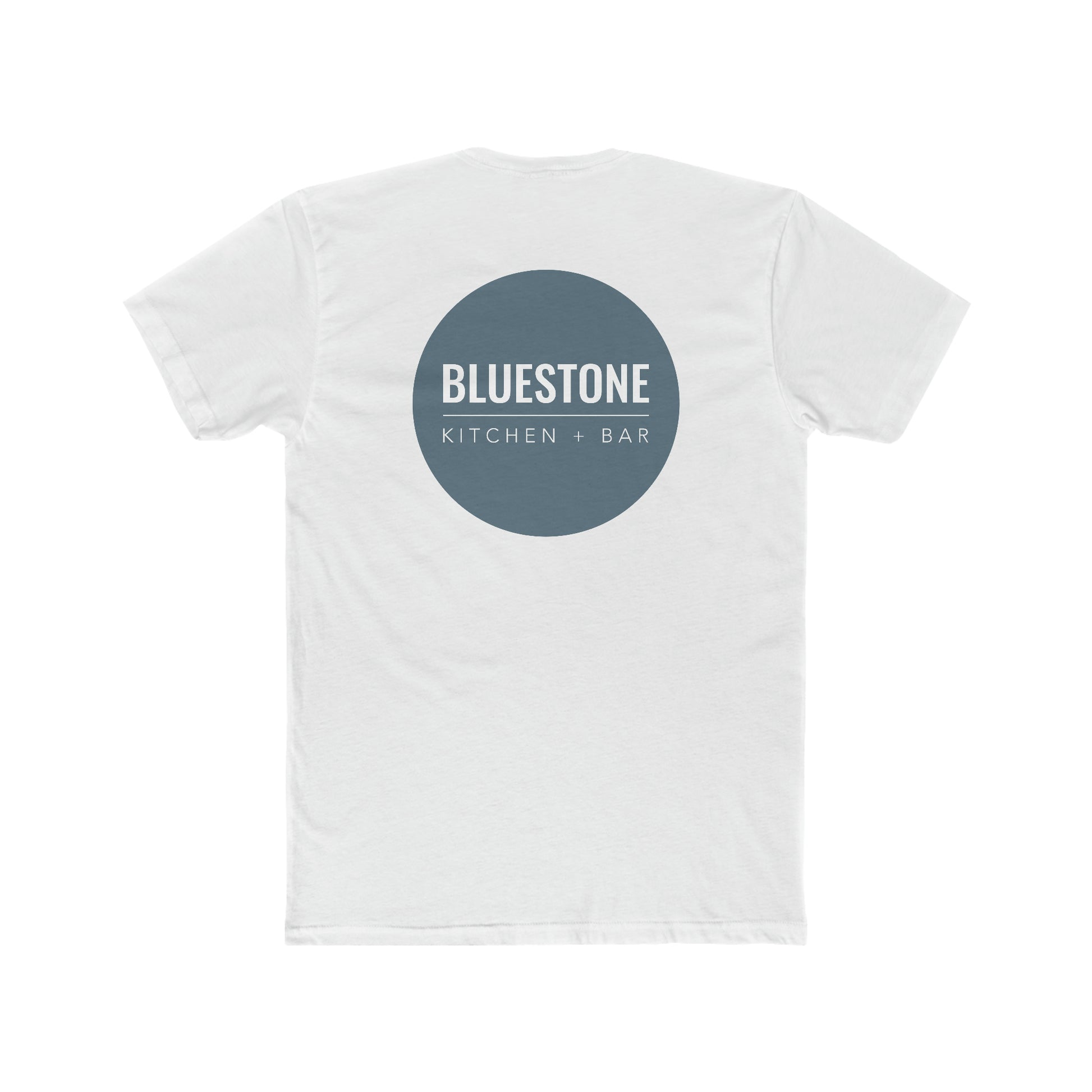 White cotton crew neck t-shirt featuring a blue circular Bluestone Kitchen + Bar logo on the back.