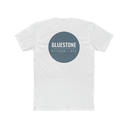 White cotton crew neck t-shirt featuring a blue circular Bluestone Kitchen + Bar logo on the back.