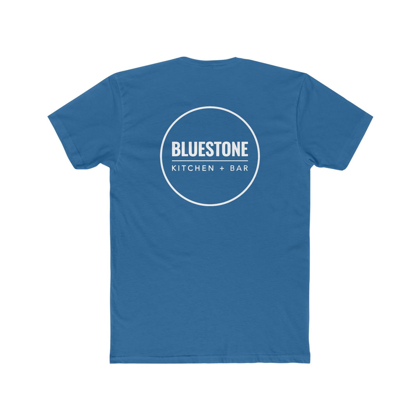 Blue cotton crew neck t-shirt featuring a white circular Bluestone Kitchen + Bar logo on the back.