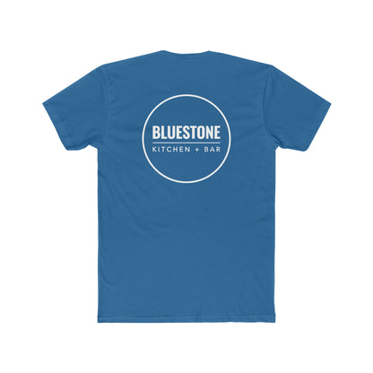 Blue cotton crew neck t-shirt featuring a white circular Bluestone Kitchen + Bar logo on the back.