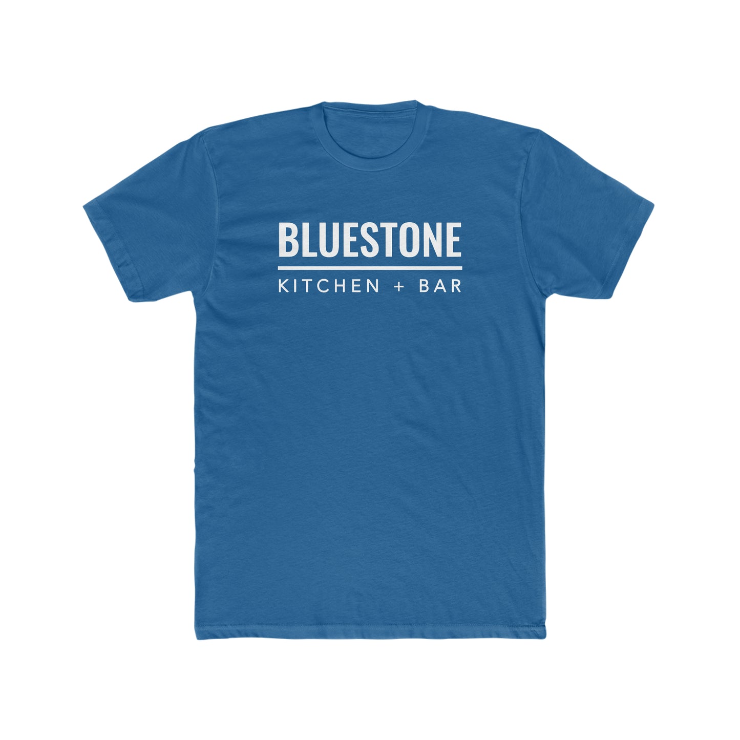 Blue crew neck cotton t-shirt featuring white Bluestone Kitchen + Bar text graphic on the chest.