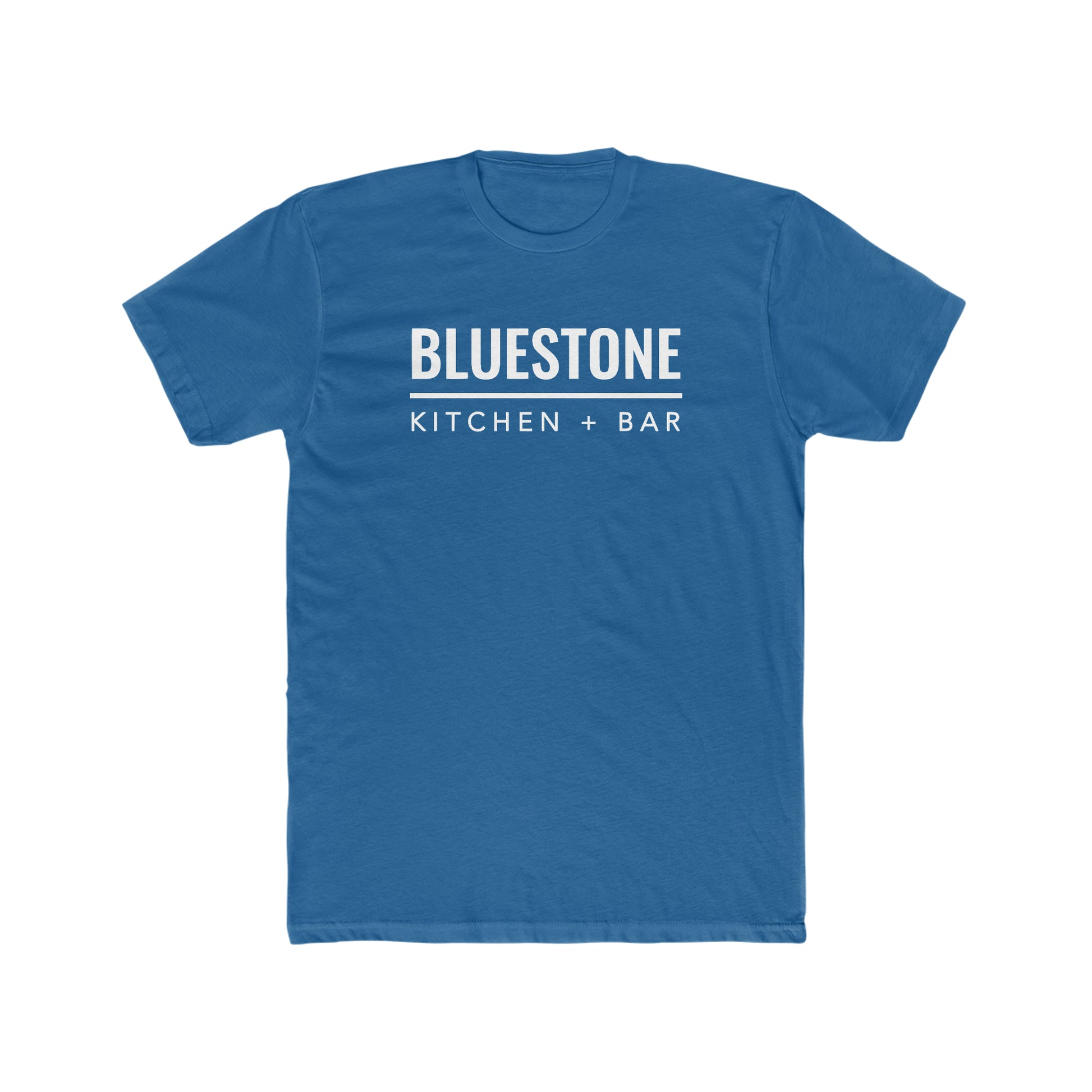 Blue crew neck cotton t-shirt featuring white Bluestone Kitchen + Bar text graphic on the chest.