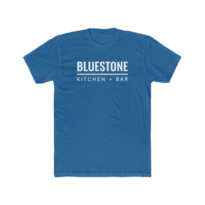 Blue crew neck cotton t-shirt featuring white Bluestone Kitchen + Bar text graphic on the chest.