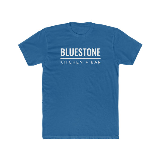 Blue crew neck cotton t-shirt featuring white Bluestone Kitchen + Bar text graphic on the chest.