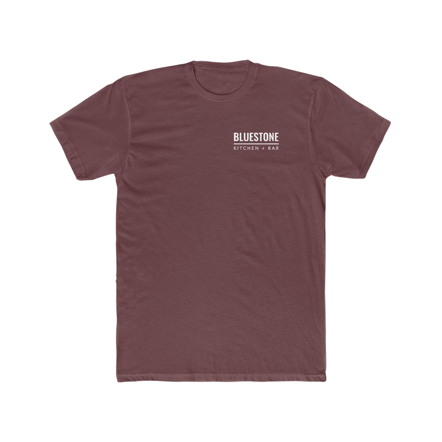 Dark maroon men's crew neck t-shirt in soft cotton featuring a white Bluestone Kitchen + Bar logo on the chest.