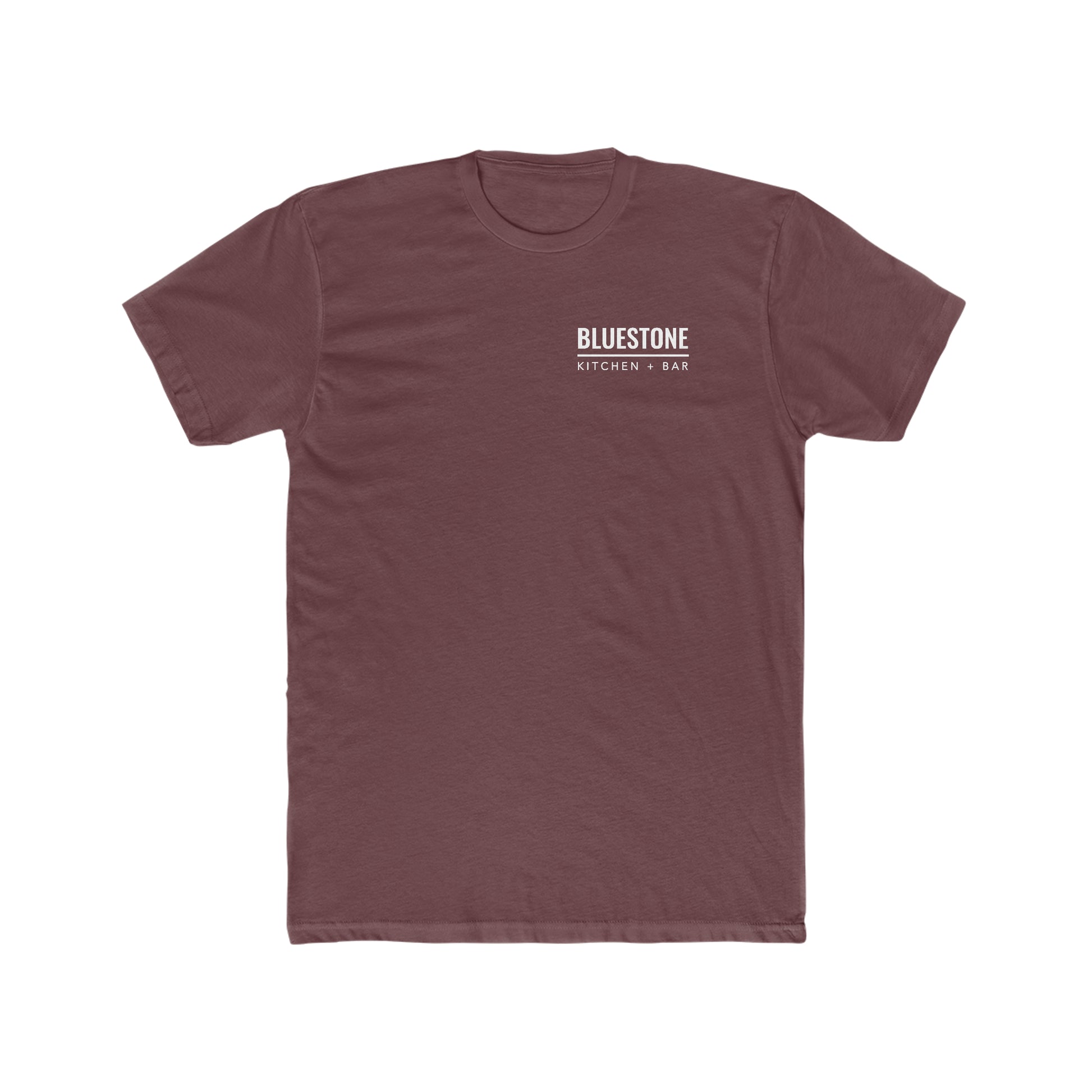 Dark maroon men's crew neck t-shirt in soft cotton featuring a white Bluestone Kitchen + Bar logo on the chest.