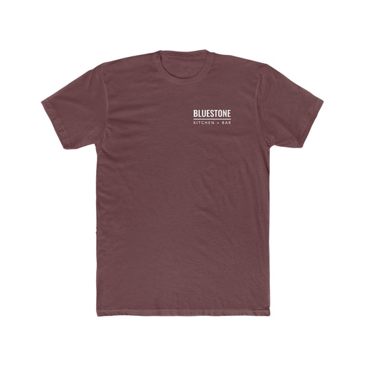 Dark maroon men's crew neck t-shirt in soft cotton featuring a white Bluestone Kitchen + Bar logo on the chest.