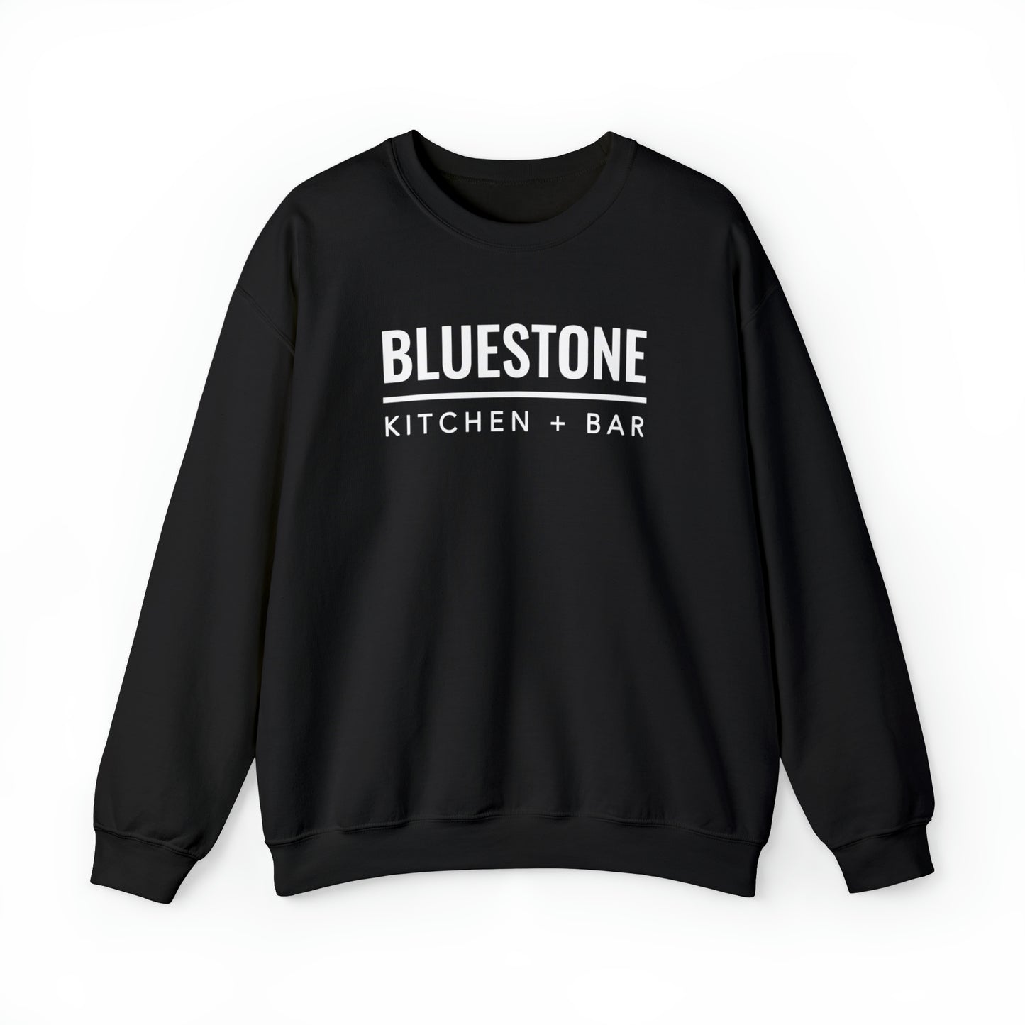 Black heavy blend crewneck sweatshirt featuring white Bluestone Kitchen + Bar text branding on the chest.