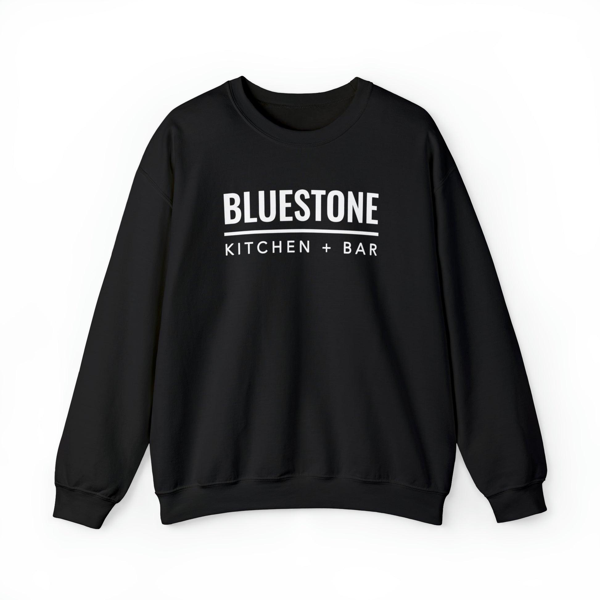 Black heavy blend crewneck sweatshirt featuring white Bluestone Kitchen + Bar text branding on the chest.