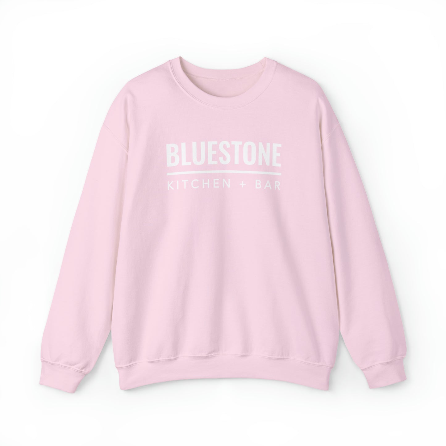 Light pink crewneck sweatshirt with white Bluestone Kitchen + Bar logo, featuring a loose fit and cotton-blend fabric.