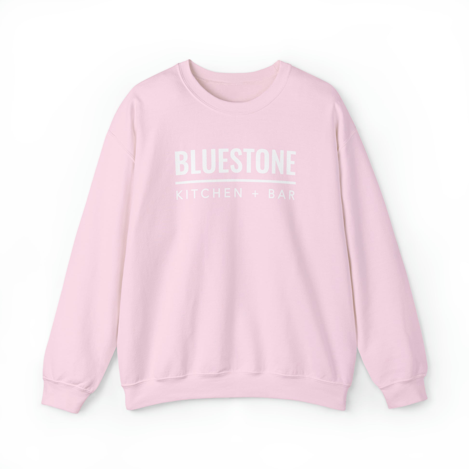 Light pink crewneck sweatshirt with white Bluestone Kitchen + Bar logo, featuring a loose fit and cotton-blend fabric.
