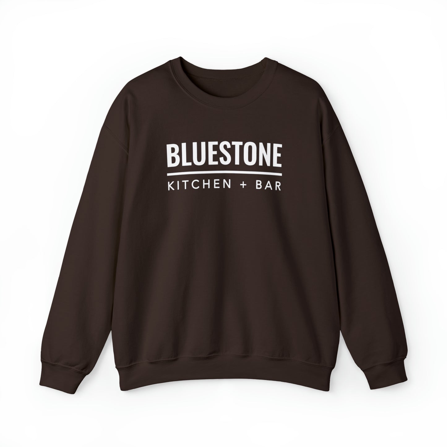 Dark brown crewneck sweatshirt with white Bluestone Kitchen + Bar logo text in a loose, heavy blend cotton-poly fit.