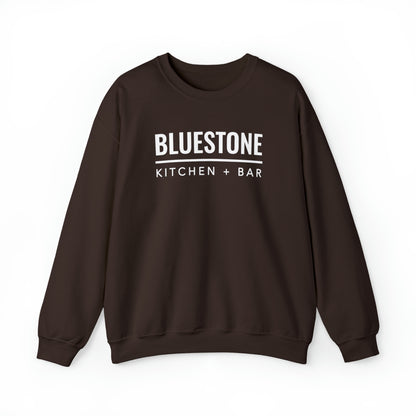 Dark brown crewneck sweatshirt with white Bluestone Kitchen + Bar logo text in a loose, heavy blend cotton-poly fit.