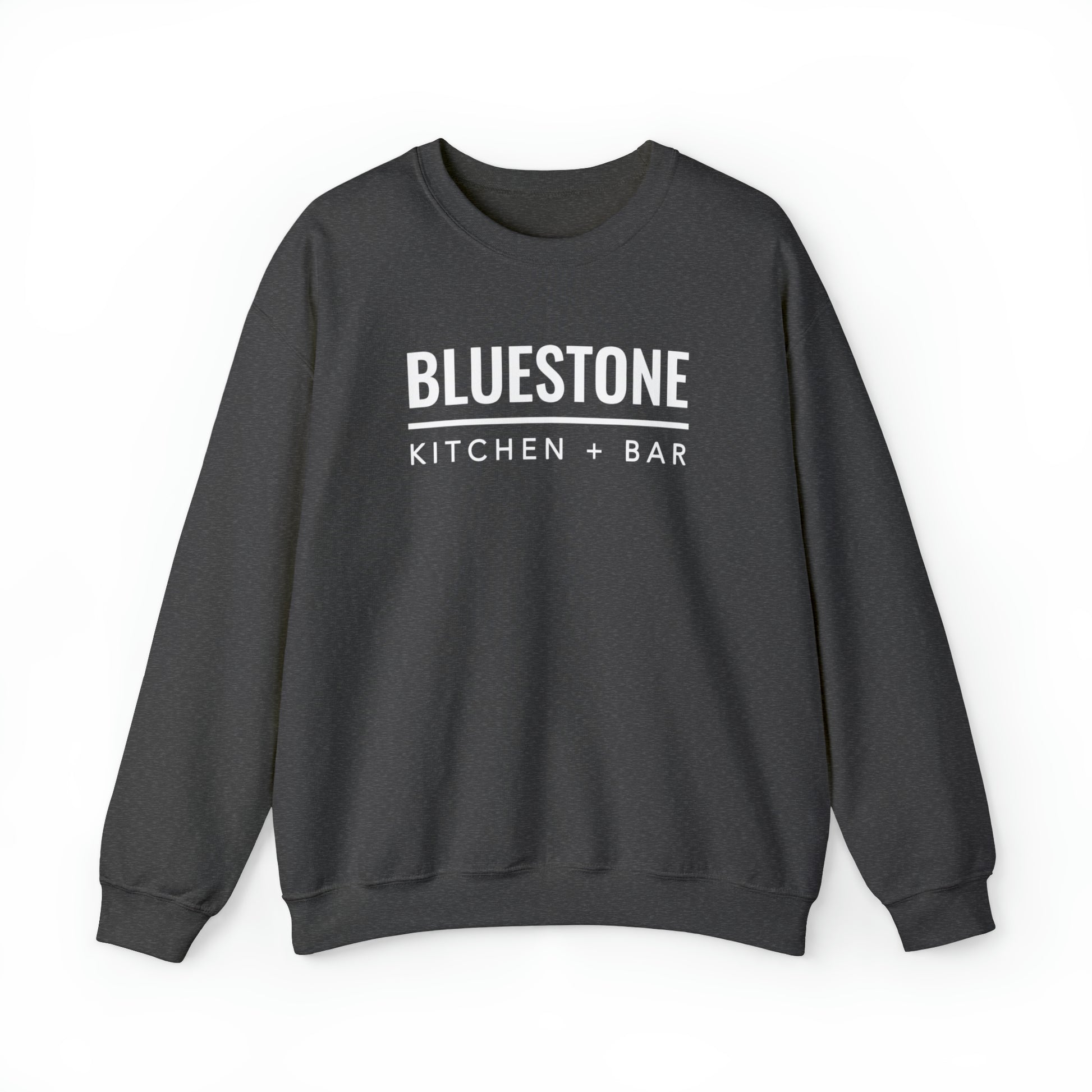 Dark gray heavy blend crewneck sweatshirt featuring white Bluestone Kitchen + Bar text on the chest.