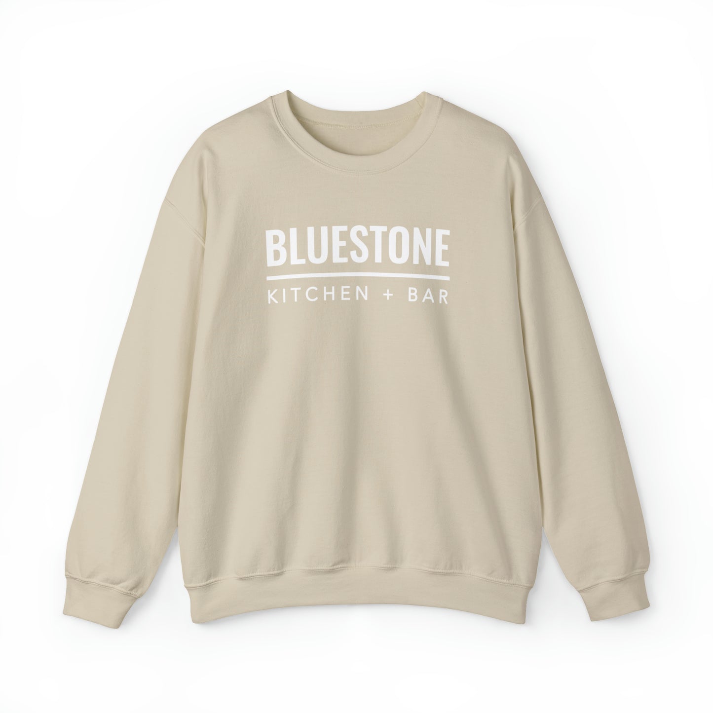 Beige heavy blend crewneck sweatshirt with white Bluestone Kitchen + Bar logo text on the chest.