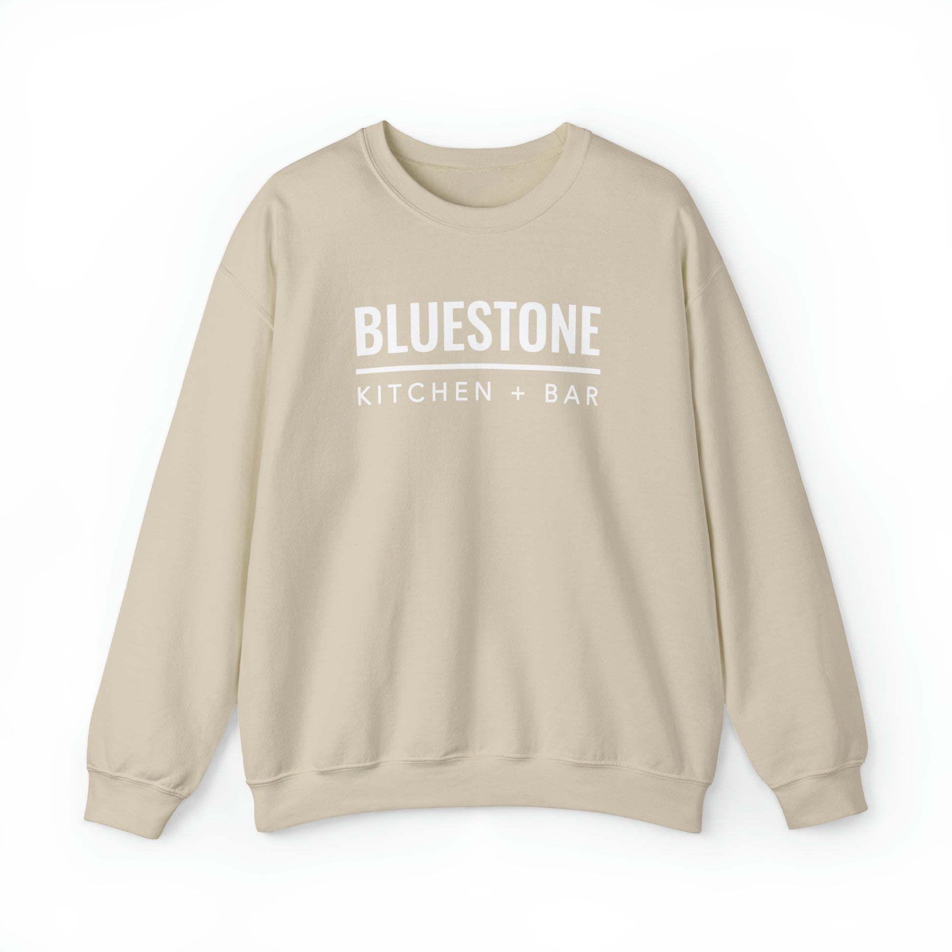 Beige heavy blend crewneck sweatshirt with white Bluestone Kitchen + Bar logo text on the chest.