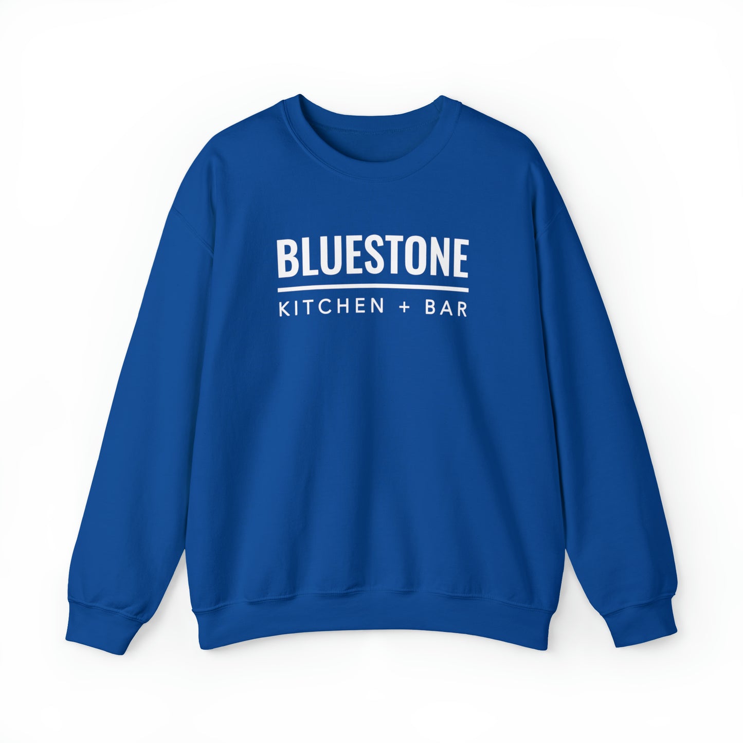 Blue crewneck sweatshirt with white Bluestone Kitchen + Bar logo, made from a soft cotton-polyester blend.