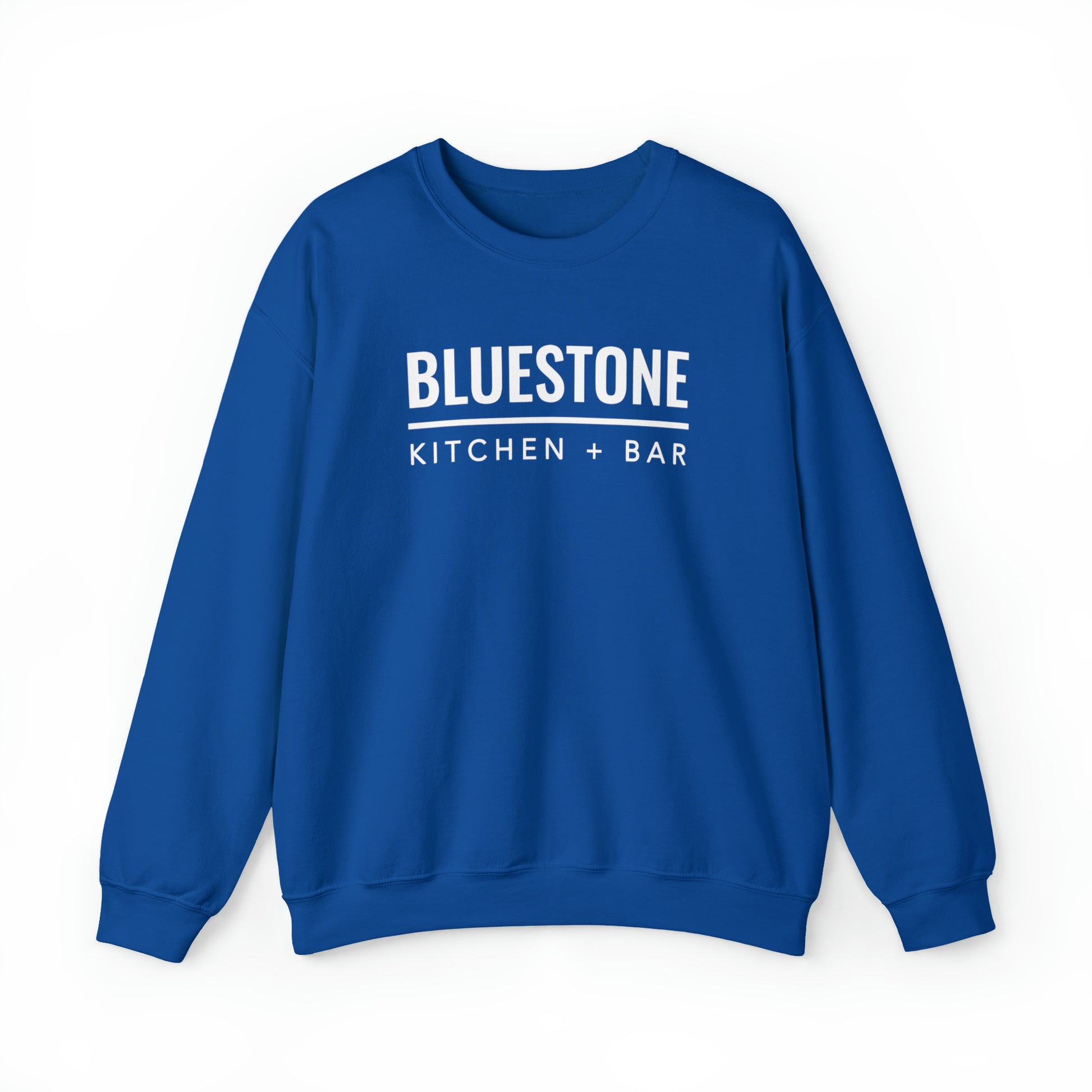 Blue crewneck sweatshirt with white Bluestone Kitchen + Bar logo, made from a soft cotton-polyester blend.