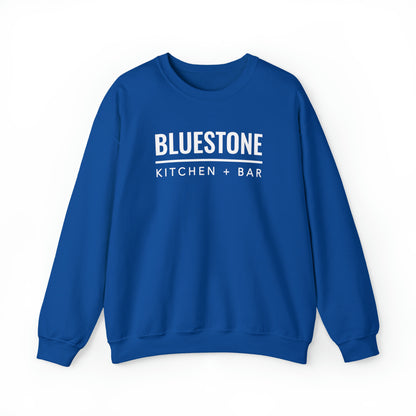 Blue crewneck sweatshirt with white Bluestone Kitchen + Bar logo, made from a soft cotton-polyester blend.