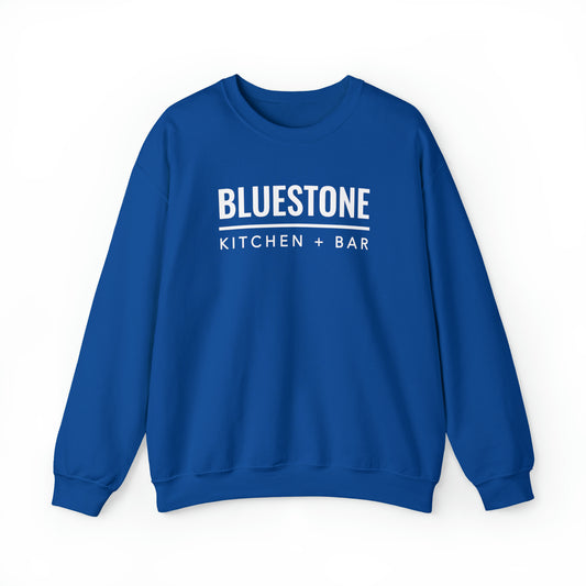Blue crewneck sweatshirt with white Bluestone Kitchen + Bar logo, made from a soft cotton-polyester blend.