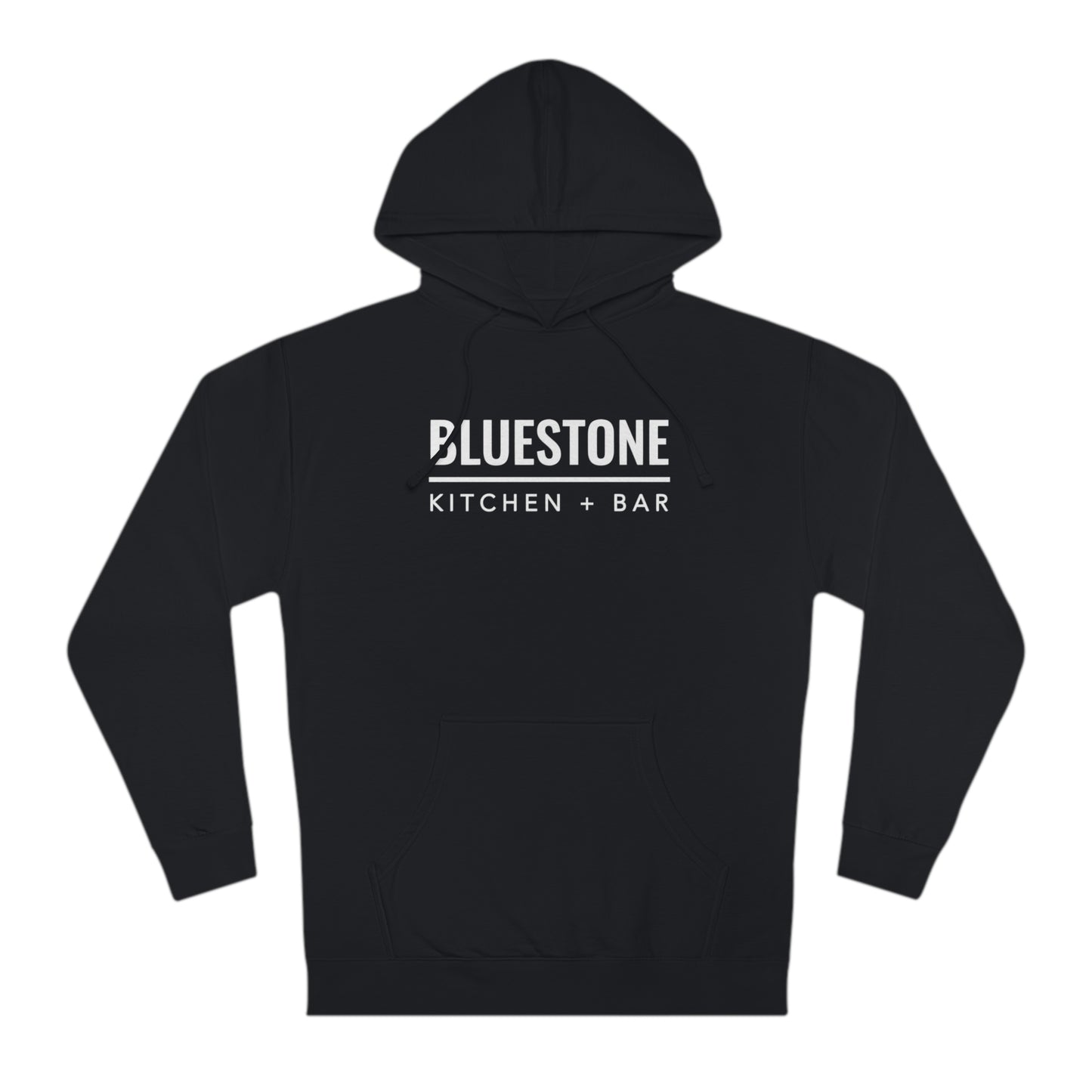 Black cotton-blend fleece hoodie featuring a white Bluestone Kitchen + Bar logo on the chest with a front kangaroo pocket.