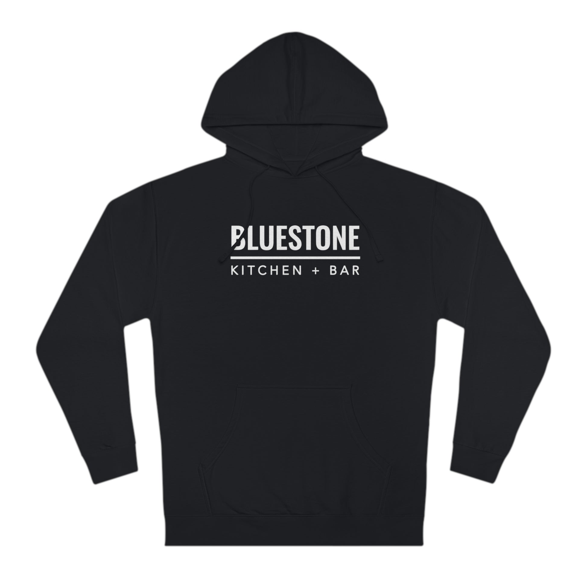 Black cotton-blend fleece hoodie featuring a white Bluestone Kitchen + Bar logo on the chest with a front kangaroo pocket.