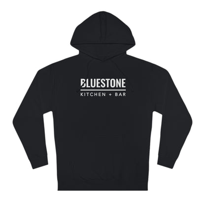 Black cotton-blend fleece hoodie featuring a white Bluestone Kitchen + Bar logo on the chest with a front kangaroo pocket.