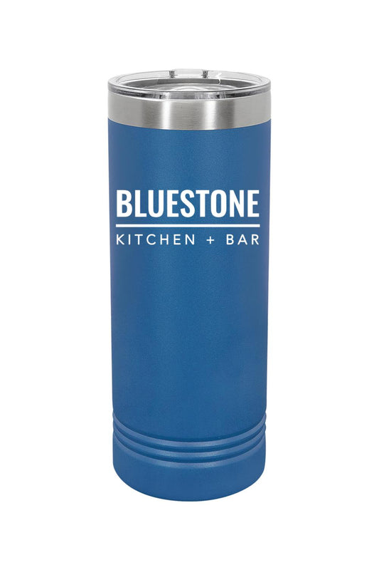 Blue skinny stainless steel tumbler with a clear lid and Bluestone Kitchen + Bar logo branding.